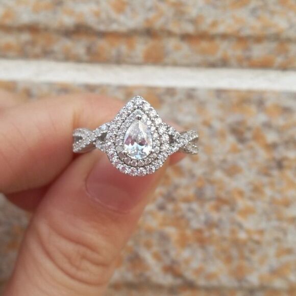 2pcs 925 silver Engagement Ring Wedding Band Set Pear Shaped Diamond Ring - Picture 2 of 11